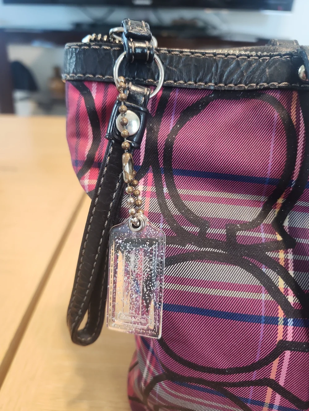 Coach Purple Pink Plaid Tote with Signature Circle Logo